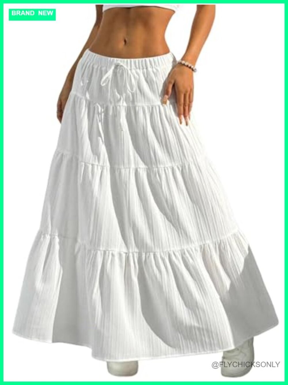Boho Flowy White Maxi Skirt Tiered Ruffle Elastic Waist A Line Summer